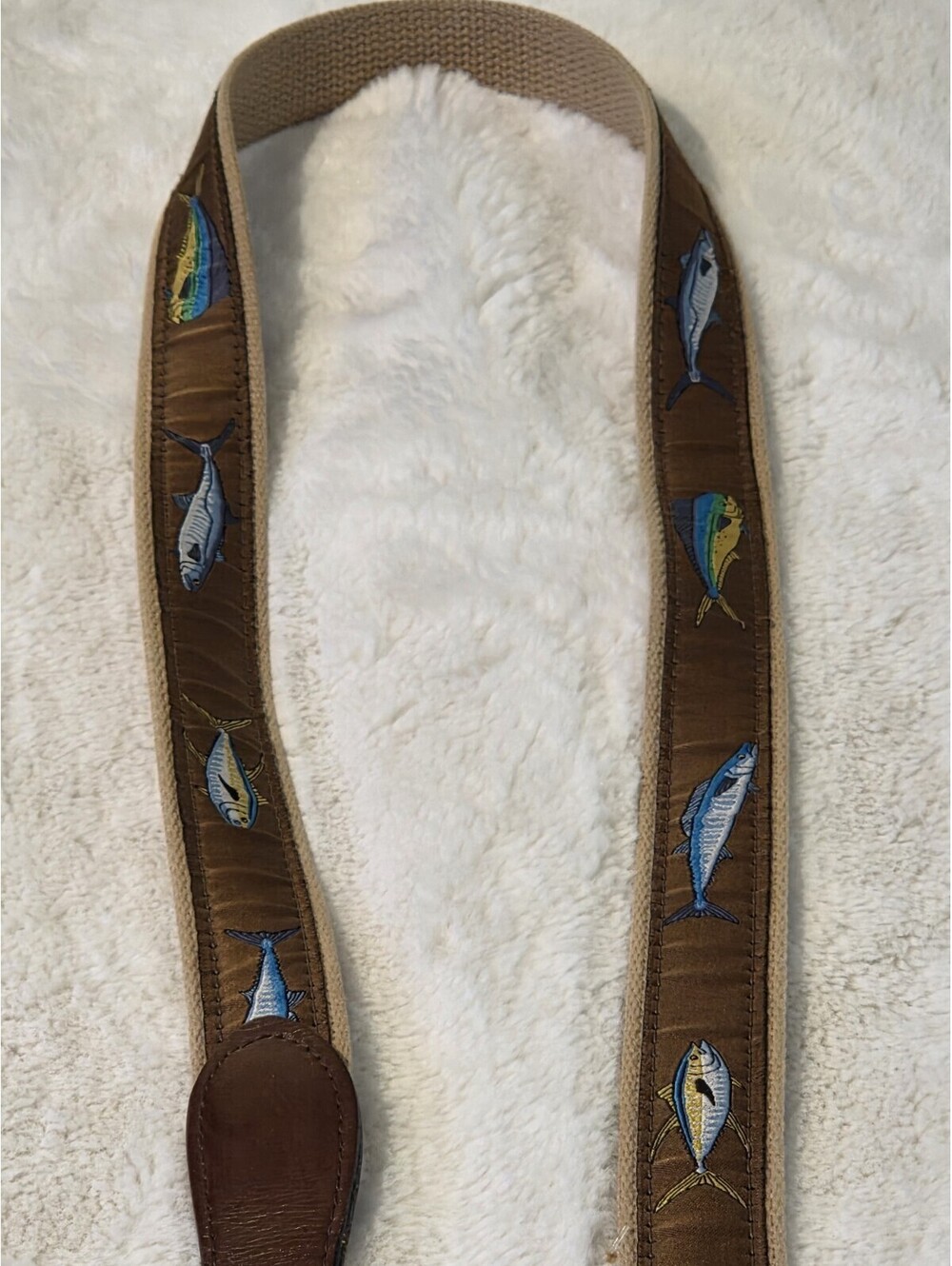 Zep-Pro Size 44 Brown Leather + Fabric Mahi Mahi Mahi-Mahi Fish Ribbon Belt